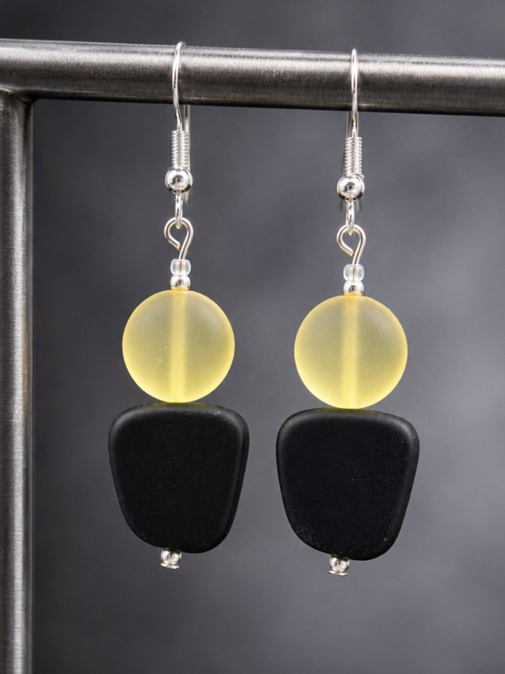 Yellow and Black Sea Glass Drop Earrings | Handmade
